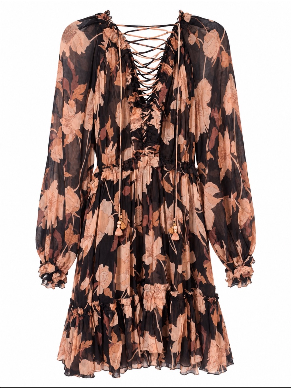 Zimmermann Black and Peach Floral Lace-Up Mini Dress ( no slip)